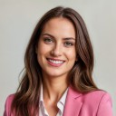 a female with long hair in the pink and white business attire