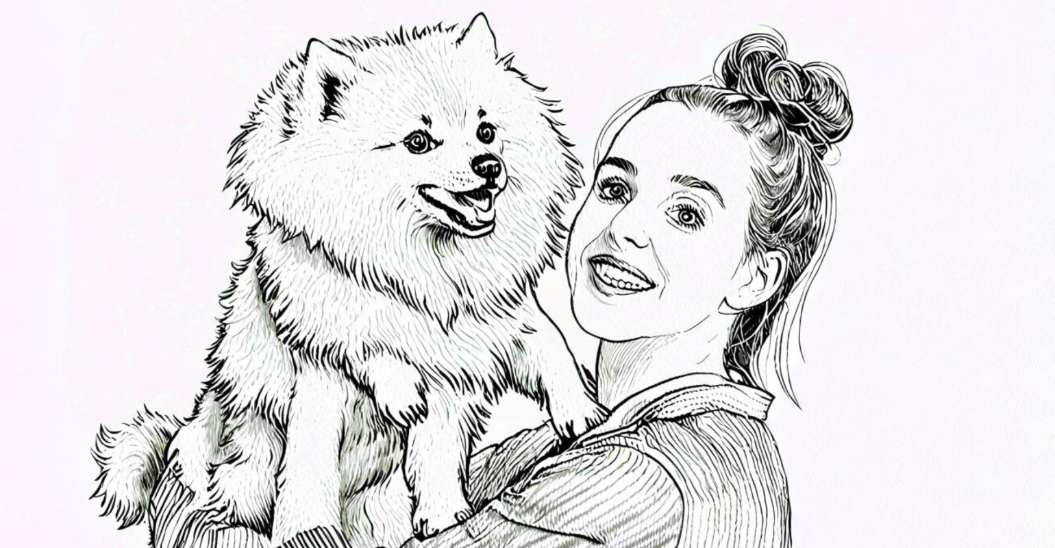 A line drawing art about a young woman holding a cute dog