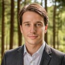 a man in the dark business attire with a blurred forest view background