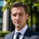 a man wearing dark blue and white suit with his back to the tree view