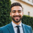 a smiling man wearing a blur business attire