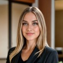 a woman in a black suit with short curly blonde hair