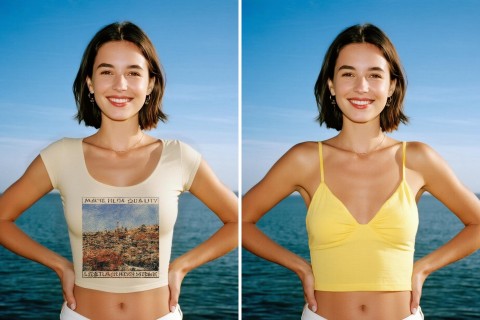 Change the short-sleeved shirt of a girl with short hair standing on the beach into a camisole
