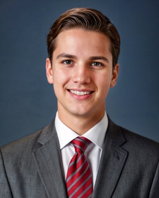 AI created headshot of a man with a dark grey suit and a red stripped tie by Fotor free AI LinkedIn photo generator