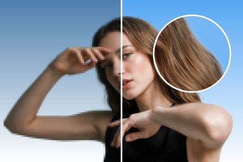 Enhance the image of the long-haired female model raising her arms to make it clearer