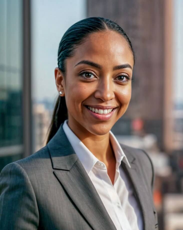 AI generated headshot of a female in dark grey attire standing her back to a builing view window by Fotor AI LinkedIn photo generator