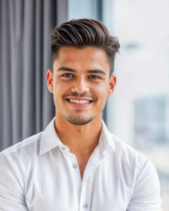 AI generated headshot of a man in white business shirt with his back to the window by Fotor