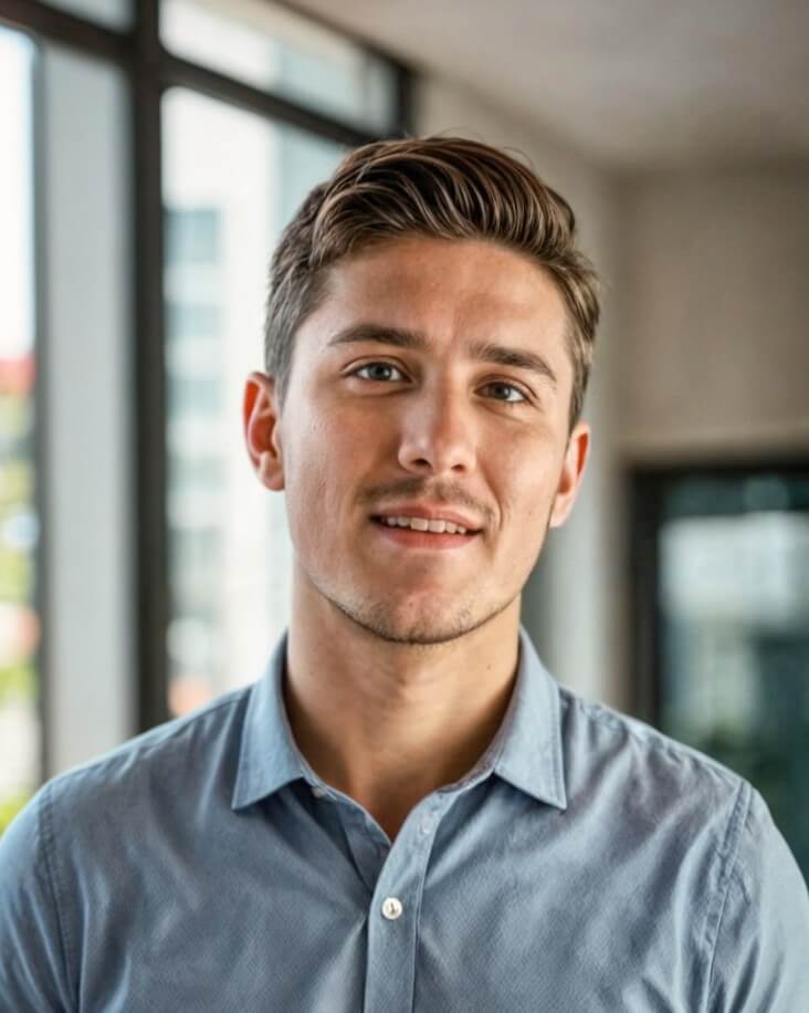ai generated headshot of a man wearing a blue shirt with his back to the window