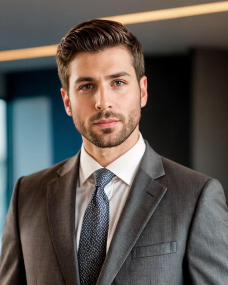 AI generated indoor headshot of a man wearing a dark grey and white business attire by Fotor AI headshot generator