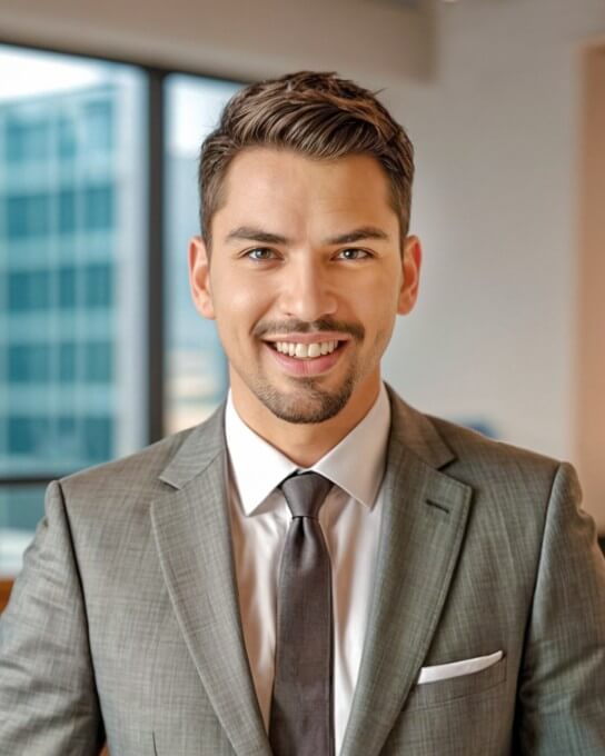AI generated LinkedIn profile picture  of a smiling male in the light brown business suit with his back to the window from Fotor