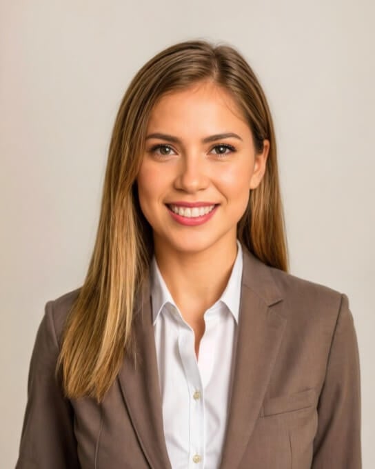 AI generated LinkedIn profile picture of a female with long hair in brown and white suit using Fotor AI LinkedIn photo generator