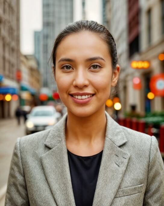 AI generated professional headshot of a feamle wearing a grey business attire by Fotorr