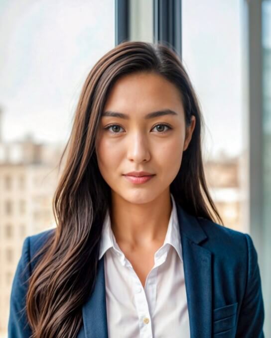 ai generated professional headshot of a female with long curly hair in blue and white business suit with her back to the window by Fotor