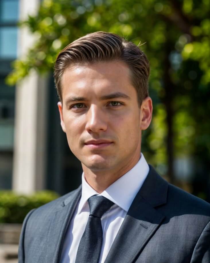 AI generated professional headshot of a man wearing dark blue and white suit with his back to the tree view