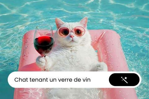 Entrer du texte pour créer une image d'un chat dans une piscine avec un verre de vin