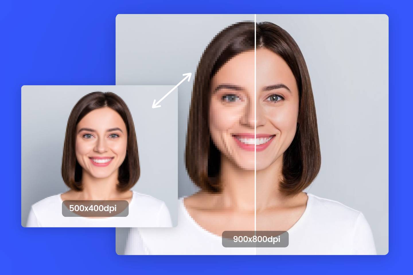 Comparison woman photo of before and after enhancement with 4k photo editor online