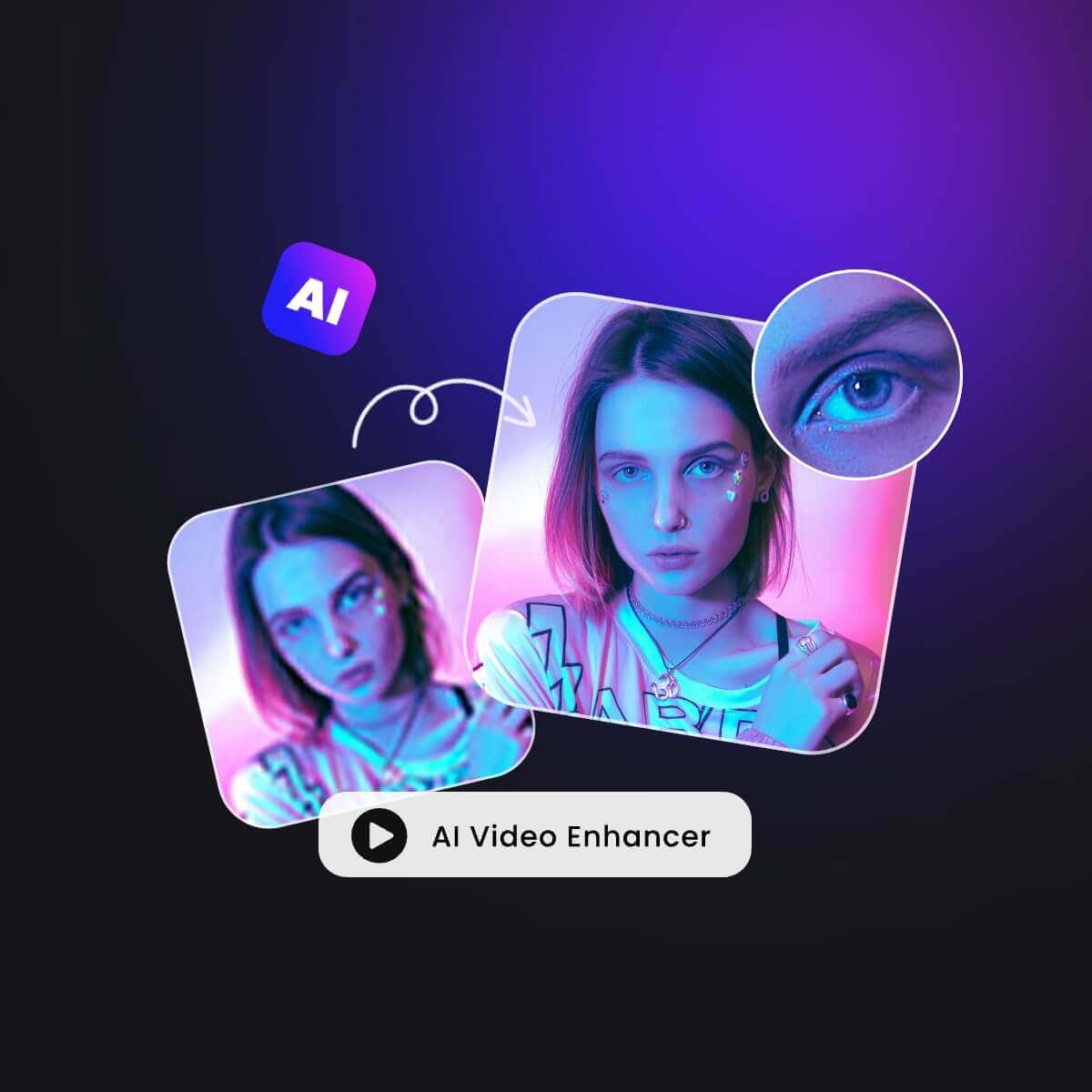 before and after comparison showing a blurry video enhanced to clear 4K resolution