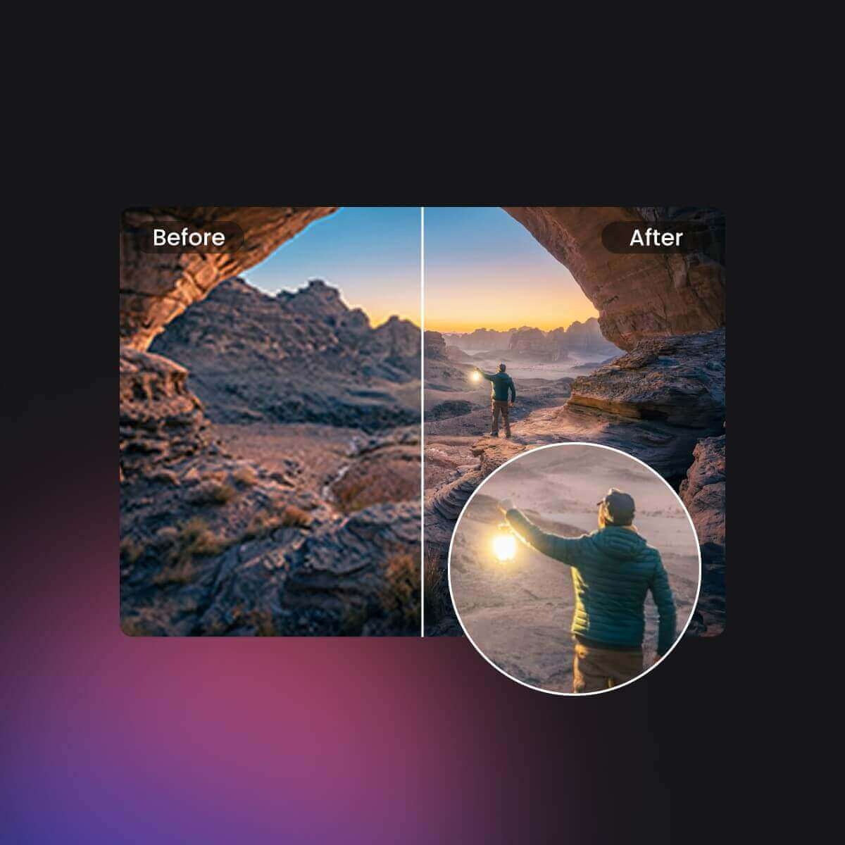 Comparison image of cleaned video and blurred video showing a man standing in the Gobi with a lamp.