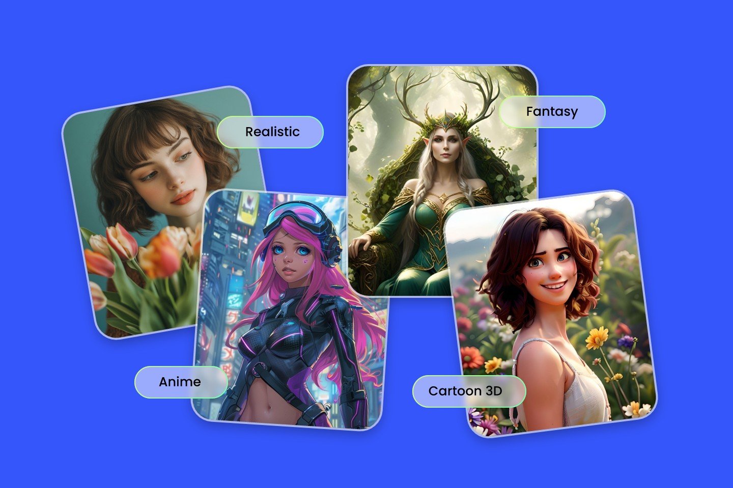 Le générateur de personnage IA de Fotor intègre des effets réalistes en 3D, anime et fantastique