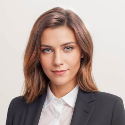 headshot of a female in black and white suit with curly bobbed hair
