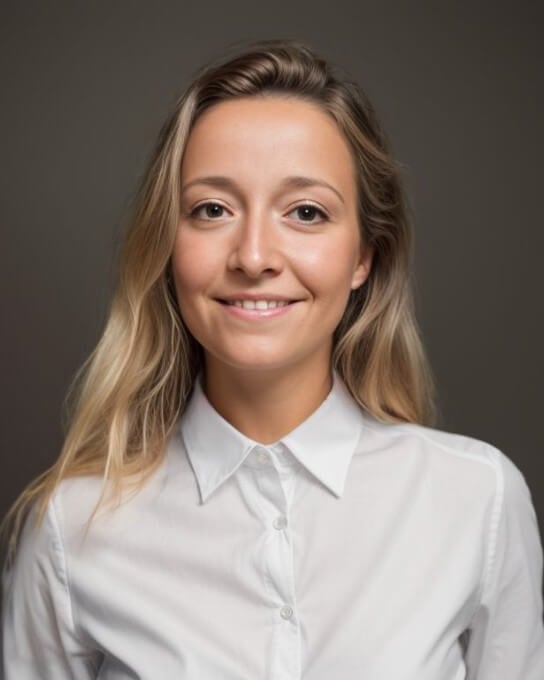 headshot of a female with long curly hair in the white business shirt generated by Fotor AI