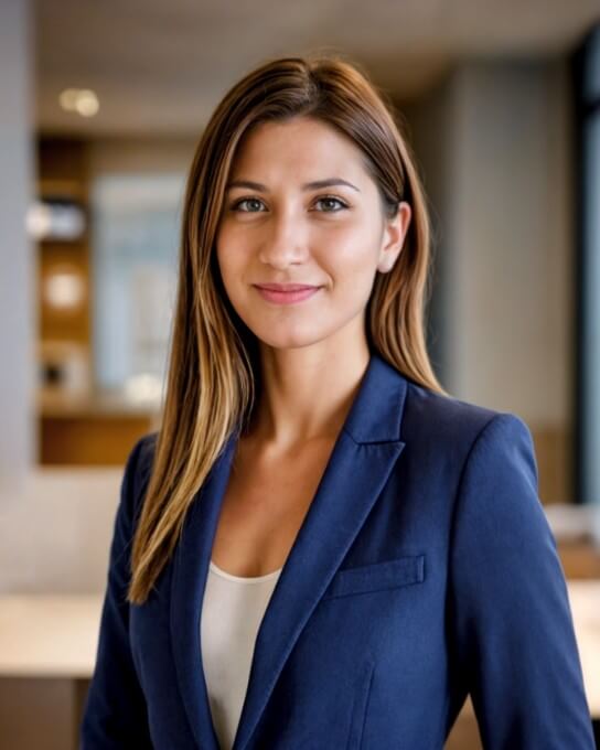 headshot of a female with long hair in the blue business attire generated by Fotor AI LinkedIn photo generator
