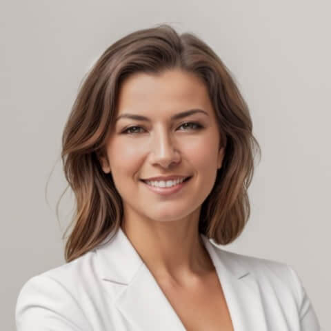 headshot of a lady in a white business attire with curly bobbed hair smiling at the camera