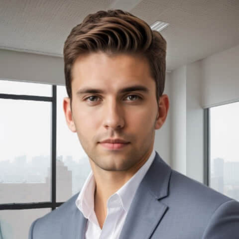headshot of a man in a gray and white professional suit standing with his back to the window
