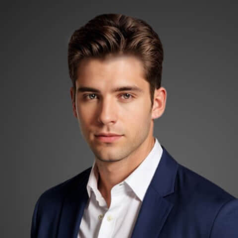 headshot of a man in a professional suit with a dark grey backdrop