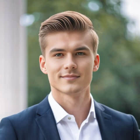 Headshot of a man in dark blur attire with his back to a tree view window