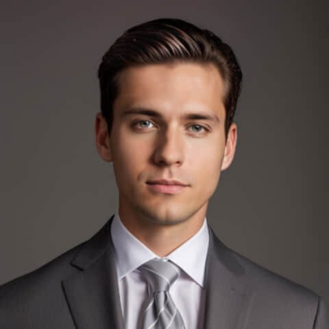 headshot of a man in dark silver business attire with dark grey backdop