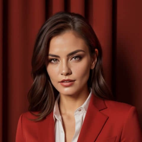 headshot of a woman in red and white business attire standing in front of a red curtain