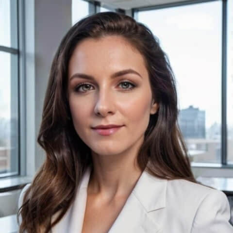 headshot of a woman in white business attire standing with her back to the window