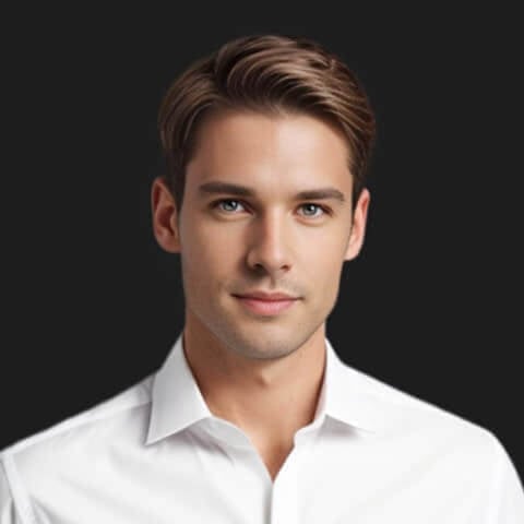 headshot of man in white shirt with a black backdrop