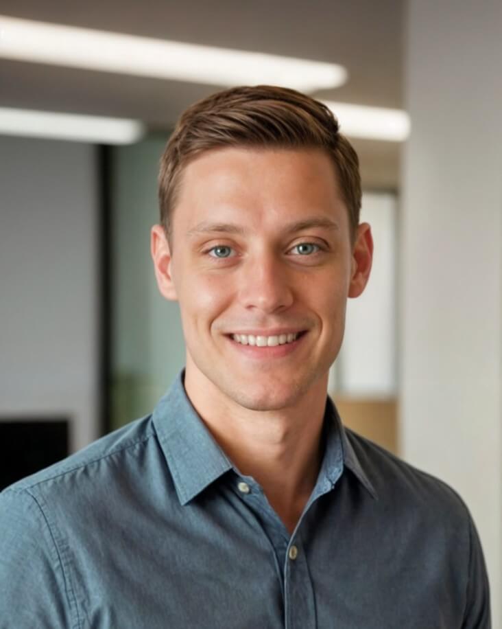 indoor headshot of a man in dark blue business shirt created by Fotor AI professional LinkedIn photo maker