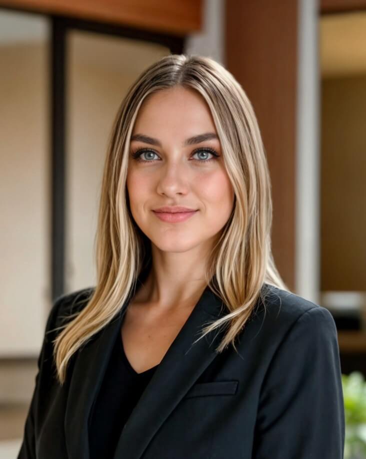 indoor headshot of a woman in a black suit with short curly blonde hair generated by Fotor AI headshot generator