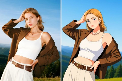 Turn the girl standing on the lawn, leaning sideways, touching her hair into anime style