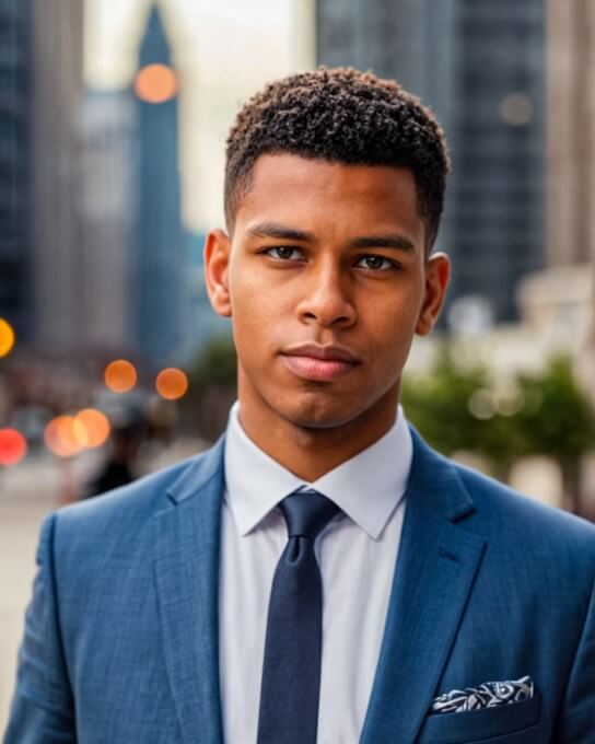 professional headshot of a man wearing a blue and white business attire generated by Fotor AI LinkedIn photo generator