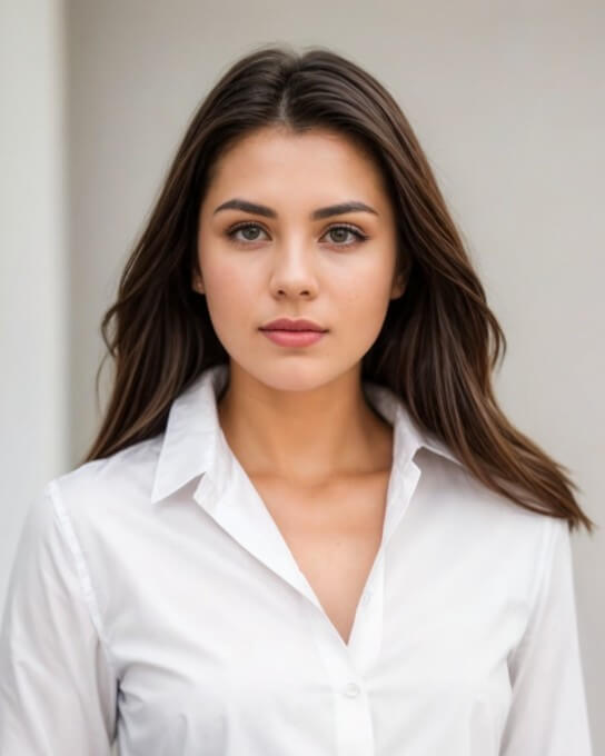 profile picture of a female with long brown hair in white business shirt generated by Fotor AI LinkedIn profile picture maker