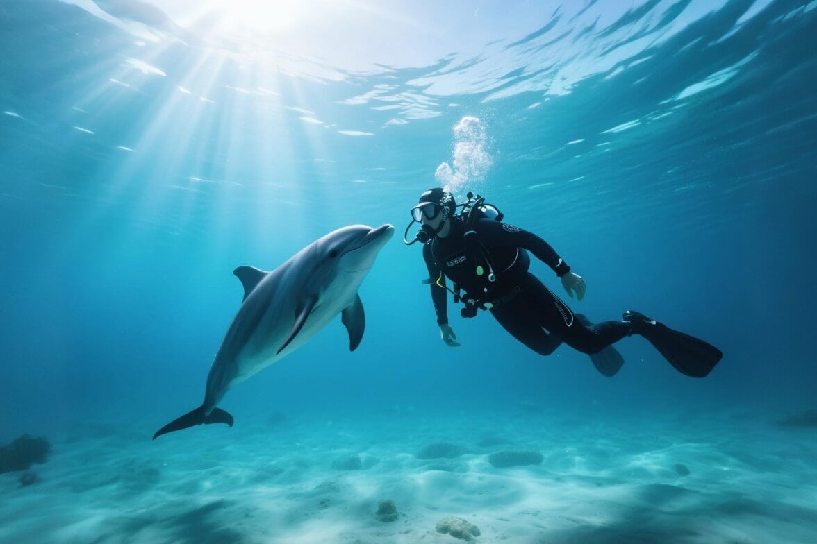 Replace diver in photo with dolphin