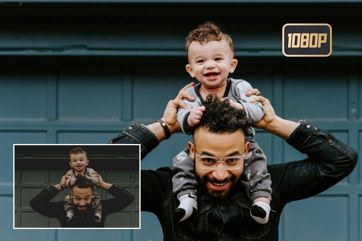 Process a low-quality childhood video into a high-quality video featuring a father and son