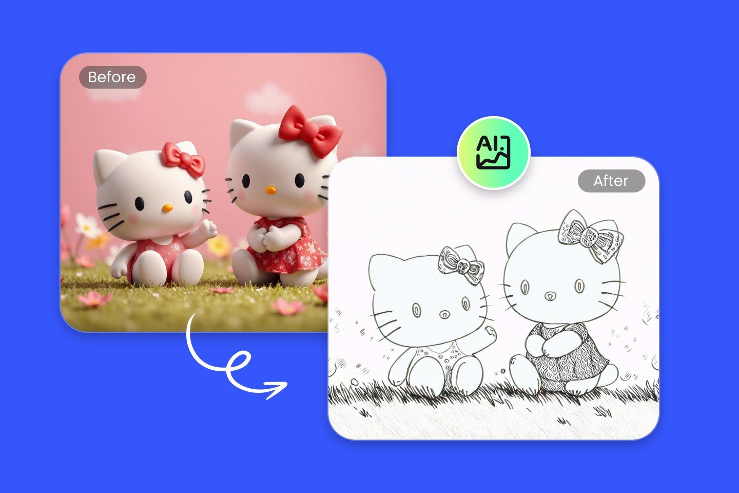 Utilisez l’outil de photo en coloriage de Fotor pour transformer une photo de deux HelloKitties en image à colorier