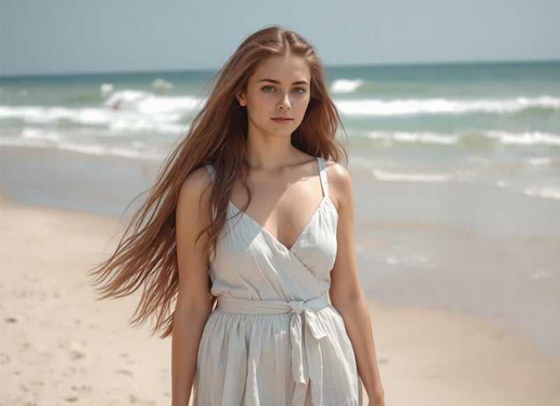 a woman standing by the sea with several passersby in the background