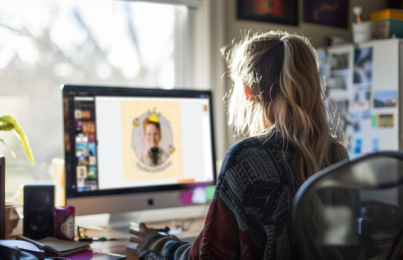 Focused female designer with a ponytail working on a desk by a window using Fotor's web version