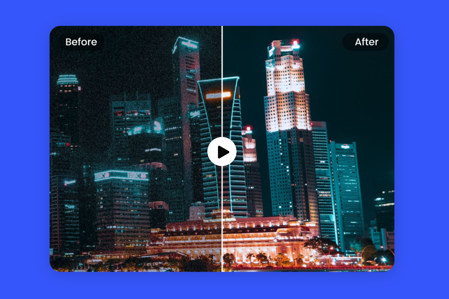 Before and after effect of denoising a night scene video using fotors video denoiser