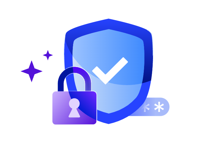 blue and purple security shield and lock icon