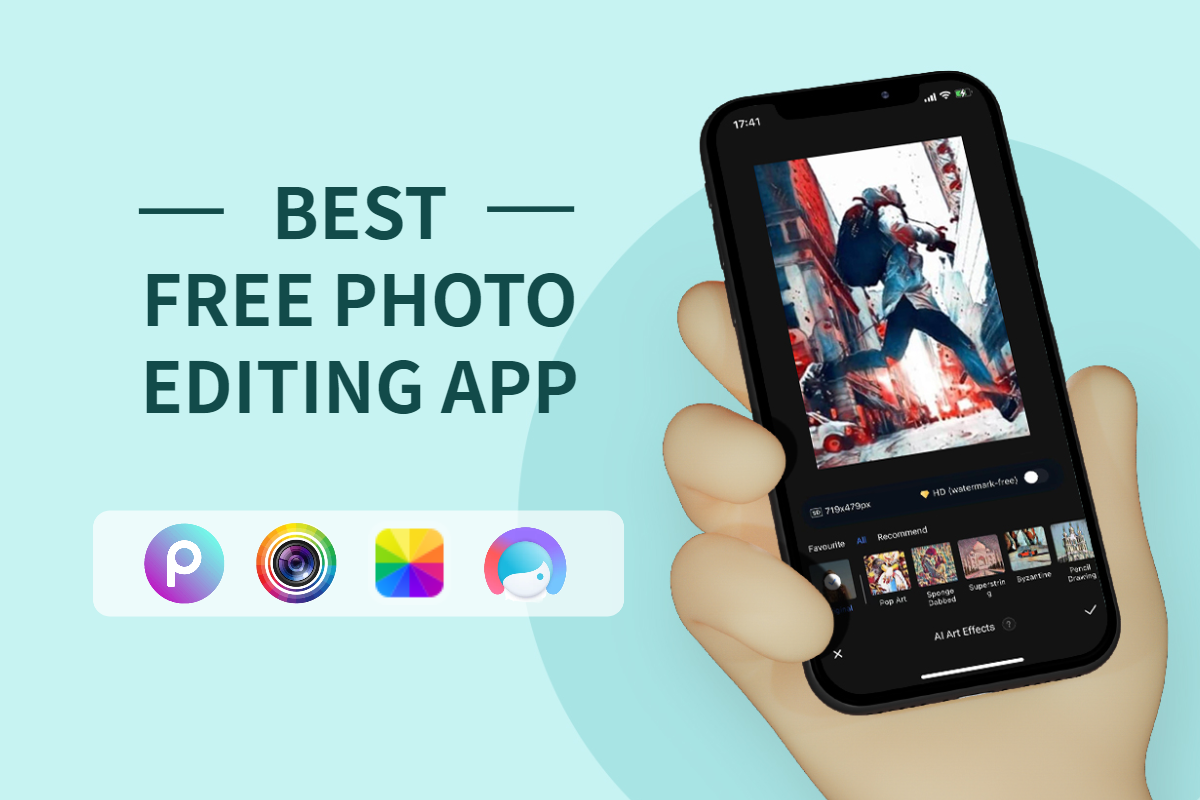Photo editing apps with differemt logos and a phone with an edited picture