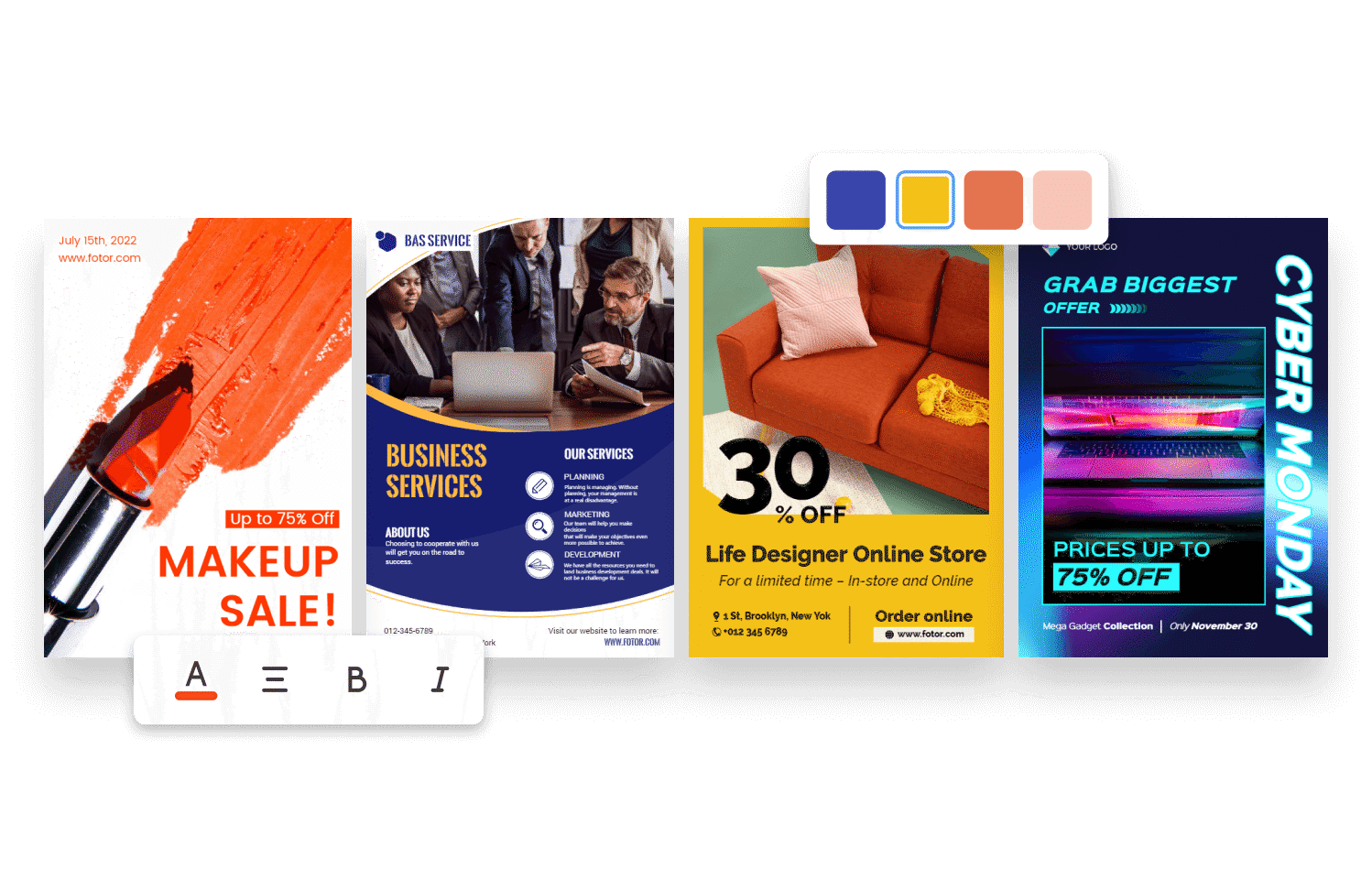 Poster maker feature page banner with four editable poster templates from fotor