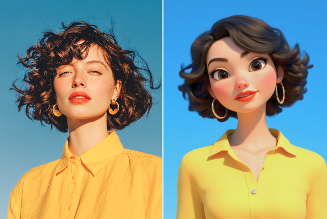 Use Fotor AI filter tools to change a girl waering yellow clothes with short hair into anime style